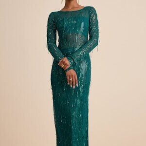 Lulus Sheer Emerald Sheer Mesh Sequin Fringe Maxi Dress Green NWT Sz M